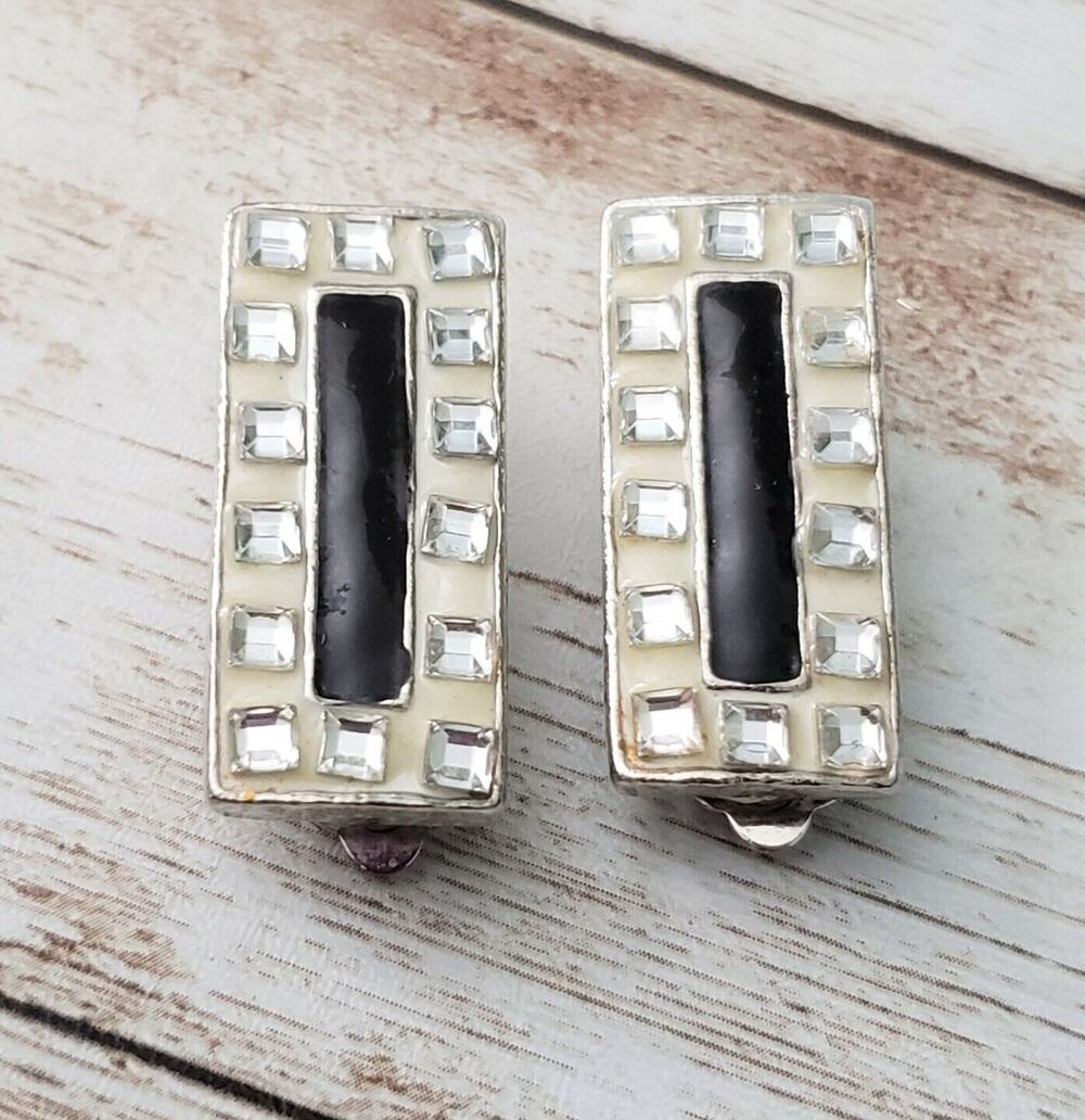 Vintage Clip On Earrings - Rectangular Cream & Black with Clear Gems